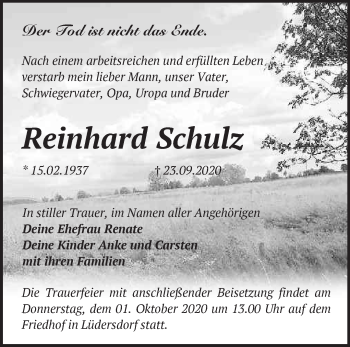 Traueranzeige von Reinhard Schulz von Märkische Oderzeitung