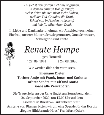 Traueranzeige von Renate Hempe von Märkische Oderzeitung