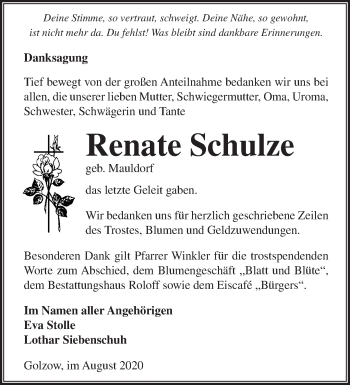 Traueranzeige von Renate Schulze von Märkische Oderzeitung