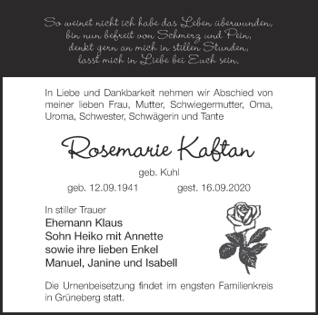 Traueranzeige von Rosemarie Kaftan von Märkische Oderzeitung