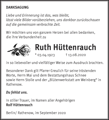 Traueranzeige von Ruth Hüttenrauch von Märkische Oderzeitung