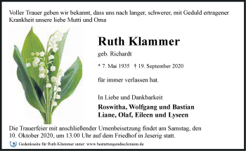 Traueranzeige von Ruth Klammer von Märkische Oderzeitung