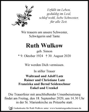 Traueranzeige von Ruth Wulkow von Märkische Oderzeitung