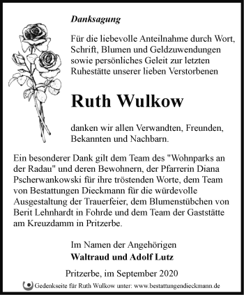 Traueranzeige von Ruth Wulkow von Märkische Oderzeitung