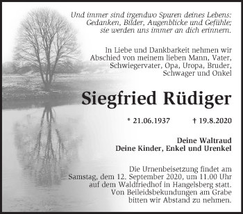 Traueranzeige von Siegfried Rüdiger von Märkische Oderzeitung