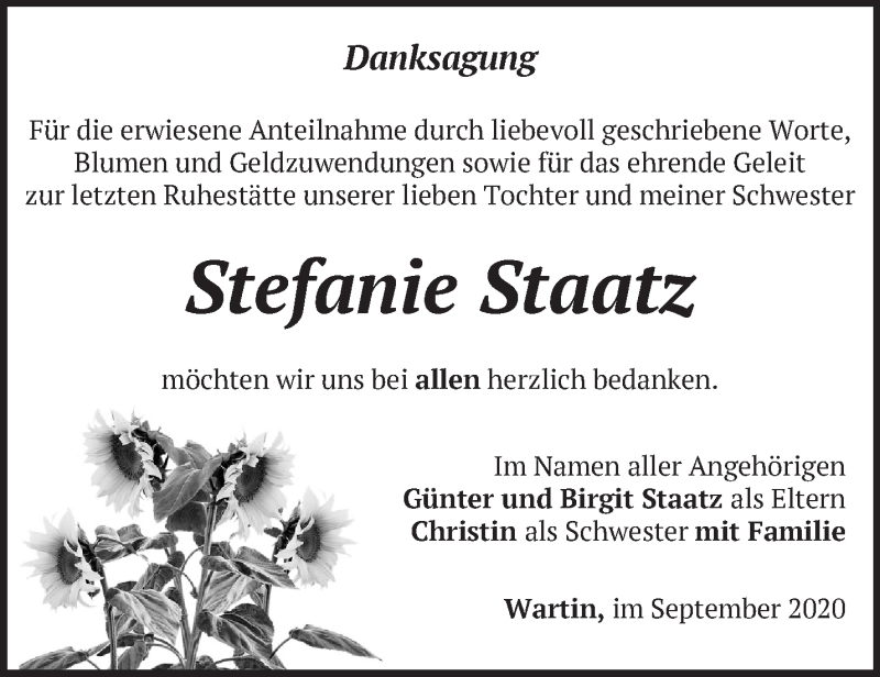  Traueranzeige für Stefanie Staatz vom 06.09.2020 aus Märkische Oderzeitung