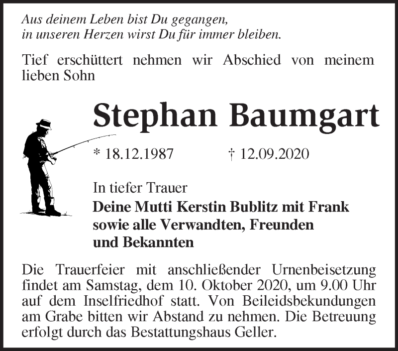  Traueranzeige für Stephan Baumgart vom 26.09.2020 aus Märkische Oderzeitung