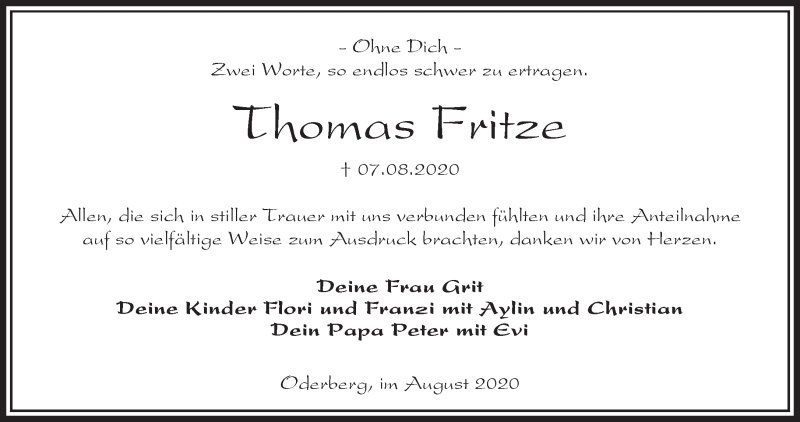  Traueranzeige für Thomas Fritze vom 06.09.2020 aus Märkische Oderzeitung