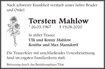 Traueranzeige von Torsten Mahlow von Märkische Oderzeitung