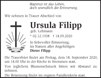 Traueranzeige von Ursula Filipp von Märkische Oderzeitung