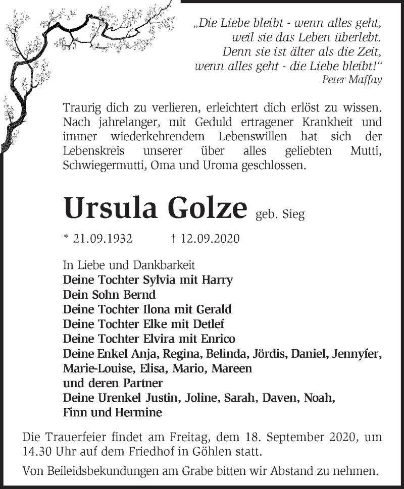  Traueranzeige für Ursula Golze vom 16.09.2020 aus Märkische Oderzeitung