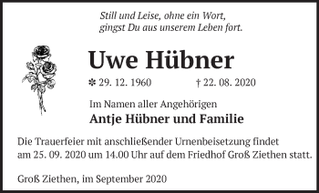 Traueranzeige von Uwe Hübner von Märkische Oderzeitung