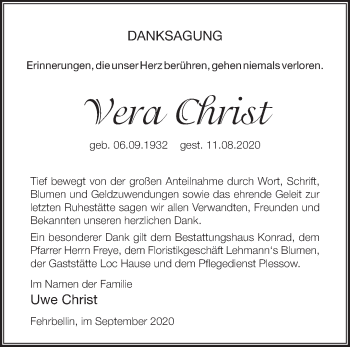 Traueranzeige von Vera Christ von Märkische Oderzeitung