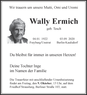 Traueranzeige von Wally Ermich von Märkische Oderzeitung