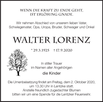 Traueranzeige von Walter Lorenz von Märkische Oderzeitung