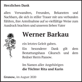 Traueranzeige von Werner Barkau von Märkische Oderzeitung