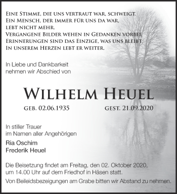 Traueranzeige von Wilhelm Heuel von Märkische Oderzeitung