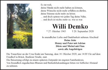 Traueranzeige von Willi Demko von Märkische Oderzeitung