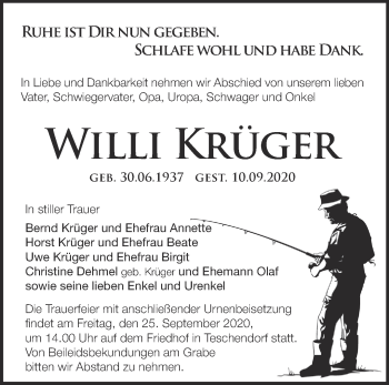 Traueranzeige von Willi Krüger von Märkische Oderzeitung