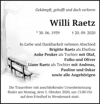 Traueranzeige von Willi Raetz von Märkische Oderzeitung