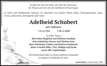 Traueranzeige von Adelheid Schubert von Märkische Oderzeitung