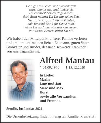 Traueranzeige von Alfred Mantau von Märkische Oderzeitung