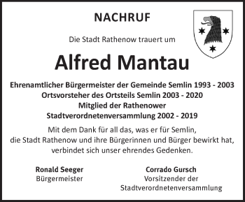 Traueranzeige von Alfred Mantau von Märkische Oderzeitung