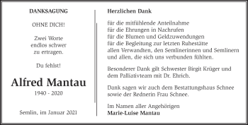 Traueranzeige von Alfred Mantau von Märkische Oderzeitung