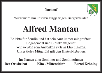 Traueranzeige von Alfred Mantau von Märkische Oderzeitung