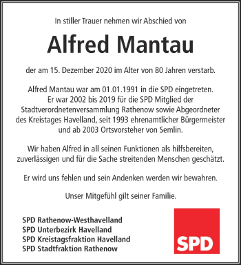 Traueranzeige von Alfred Mantau von Märkische Oderzeitung