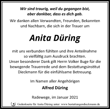 Traueranzeige von Anita Düring von Märkische Oderzeitung