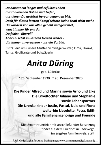 Traueranzeige von Anita Düring von Märkische Oderzeitung