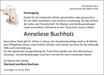 Traueranzeige von Anneliese Buchholz von Märkische Oderzeitung