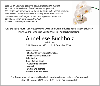 Traueranzeige von Anneliese Buchholz von Märkische Oderzeitung