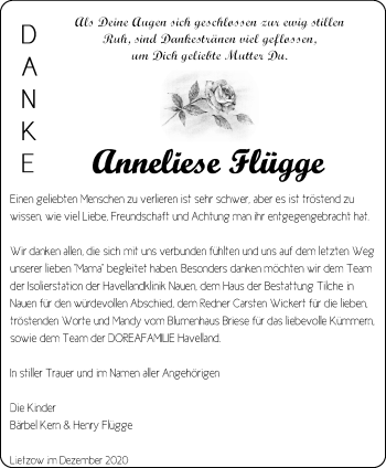 Traueranzeige von Anneliese Flügge von Märkische Oderzeitung