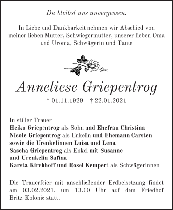 Traueranzeige von Anneliese Griepentrog von Märkische Oderzeitung