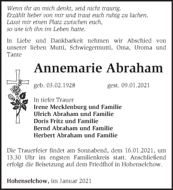 Traueranzeige von Annemarie Abraham von Märkische Oderzeitung