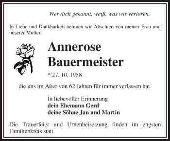 Traueranzeige von Annerose Bauermeister von Märkische Oderzeitung