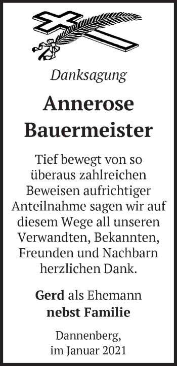 Traueranzeige von Annerose Bauermeister von Märkische Oderzeitung