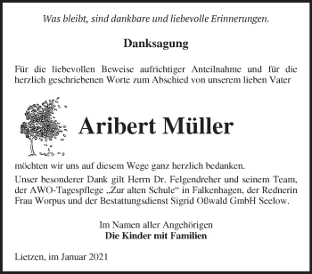 Traueranzeige von Aribert Müller von Märkische Oderzeitung