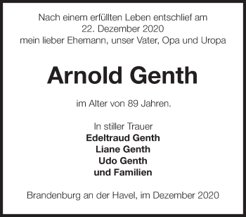 Traueranzeige von Arnold Genth von Märkische Oderzeitung