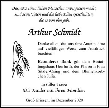 Traueranzeige von Arthur Schmidt von Märkische Oderzeitung