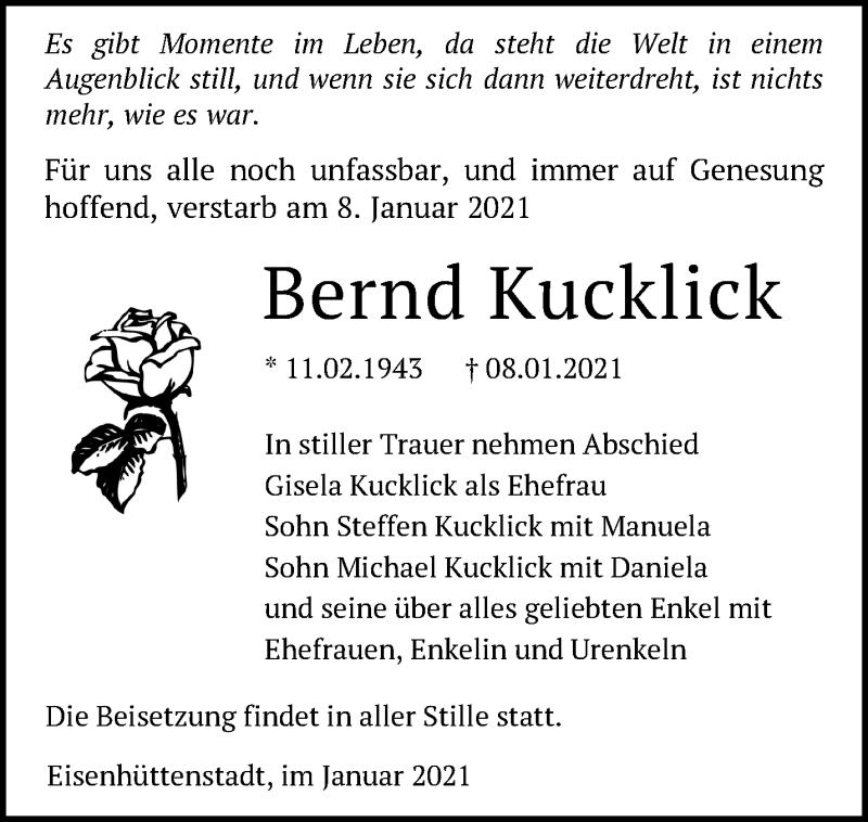  Traueranzeige für Bernd Kucklick vom 14.01.2021 aus Märkische Oderzeitung