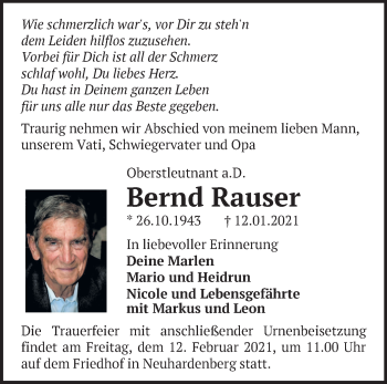 Traueranzeige von Bernd Rauser von Märkische Oderzeitung