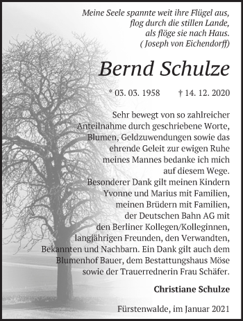 Traueranzeige von Bernd Schulze von Märkische Oderzeitung