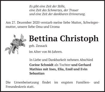 Traueranzeige von Bettina Christoph von Märkische Oderzeitung