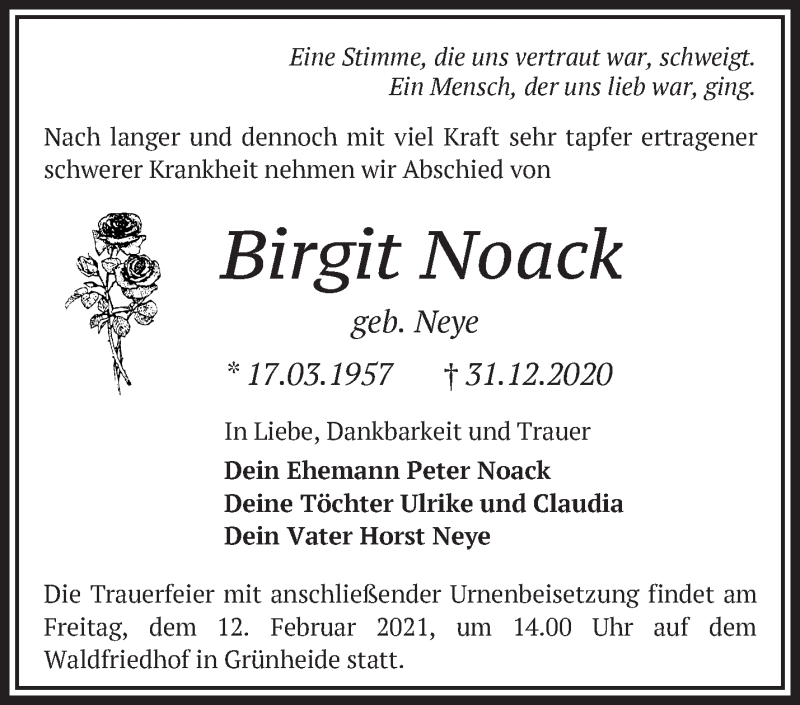  Traueranzeige für Birgit Noack vom 16.01.2021 aus Märkische Oderzeitung