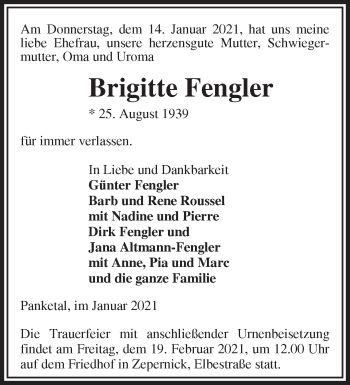 Traueranzeige von Brigitte Fengler von Märkische Oderzeitung