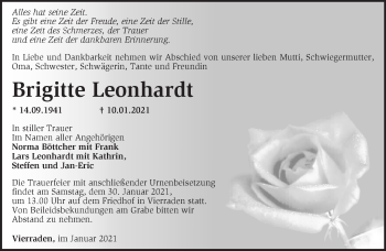 Traueranzeige von Brigitte Leonhardt von Märkische Oderzeitung