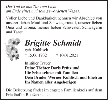 Traueranzeige von Brigitte Schmidt von Märkische Oderzeitung